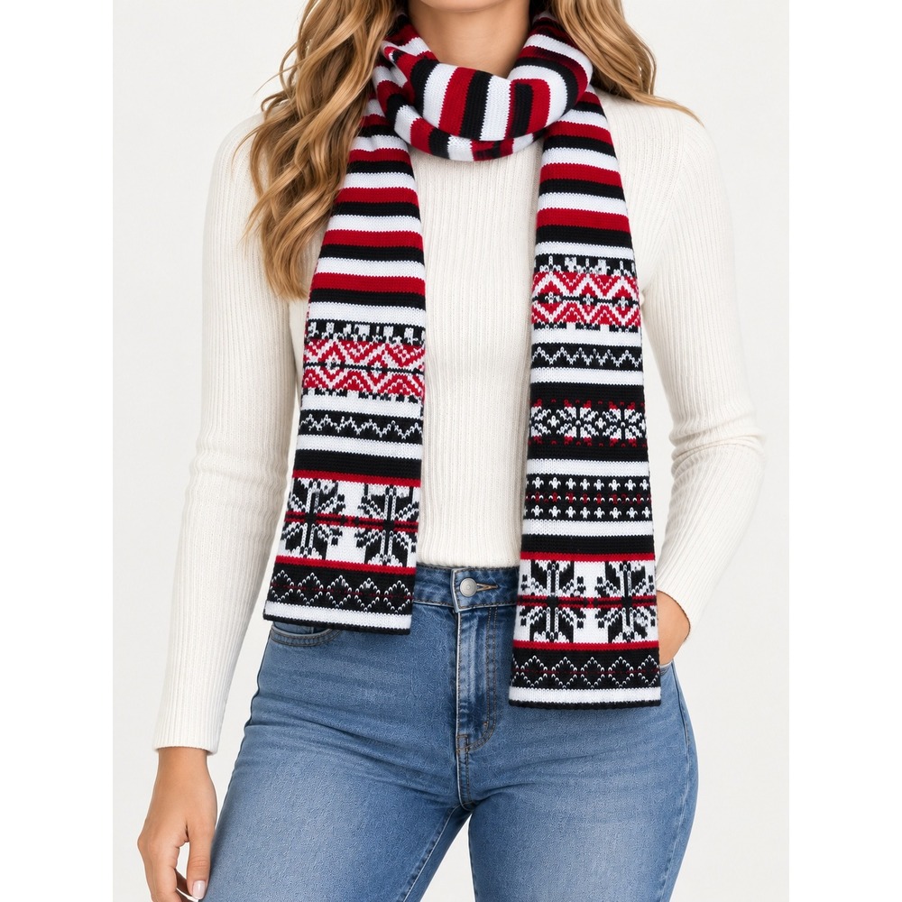 Fair Isle Snowflake Knit Scarf Red Black White Striped Winter Holiday Accessory